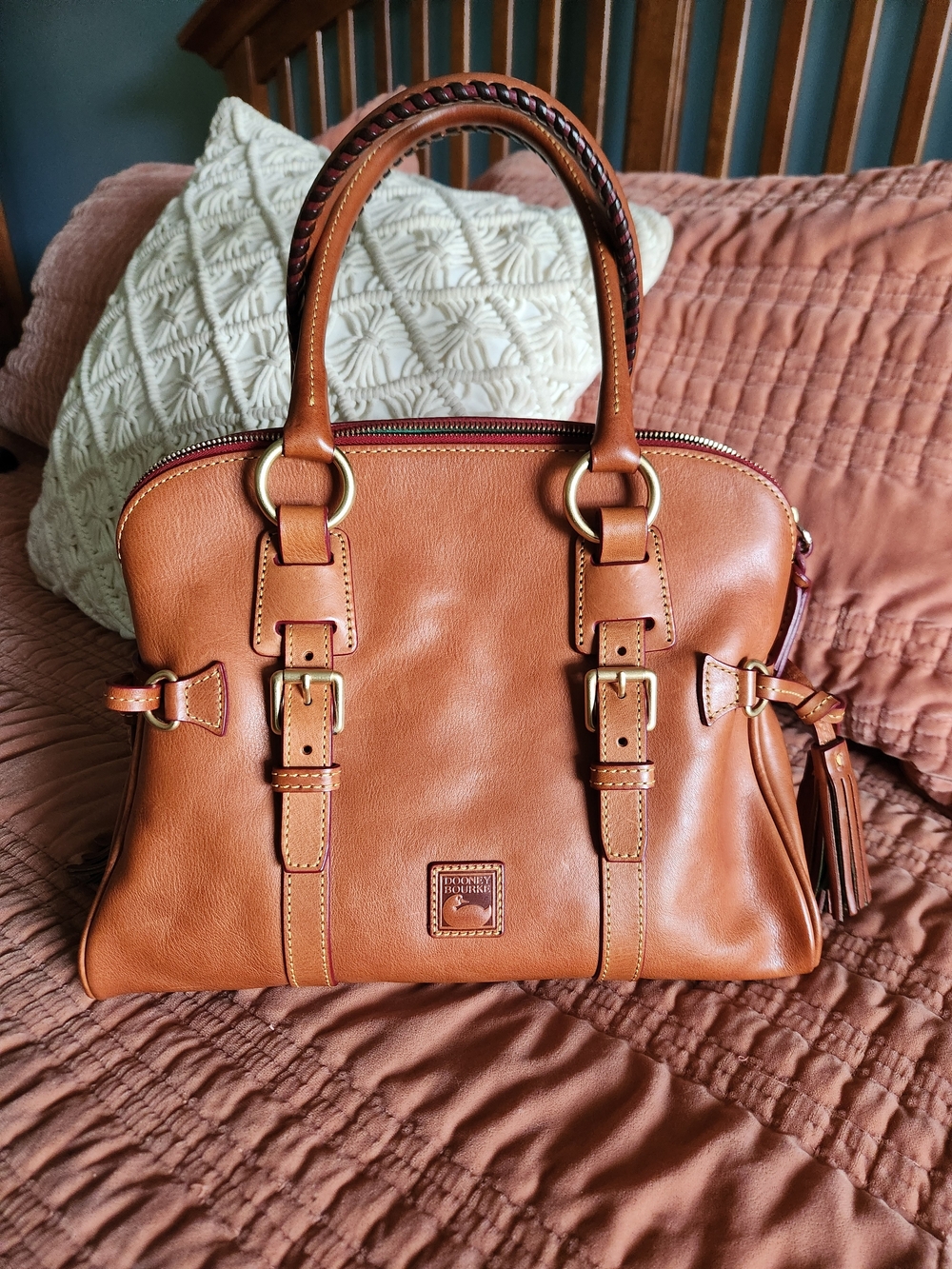 Dooney & Bourke Cognac Leather Satchel with Braided Handles